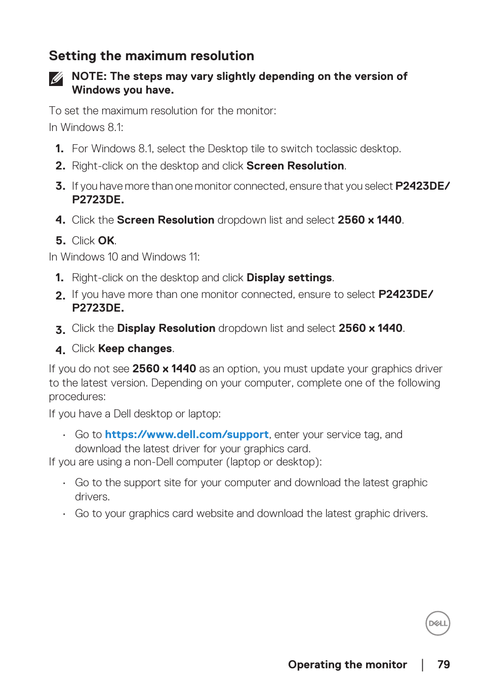 Setting the maximum resolution | Dell P2723DE 27" 1440p USB Type-C Hub Monitor User Manual | Page 79 / 94