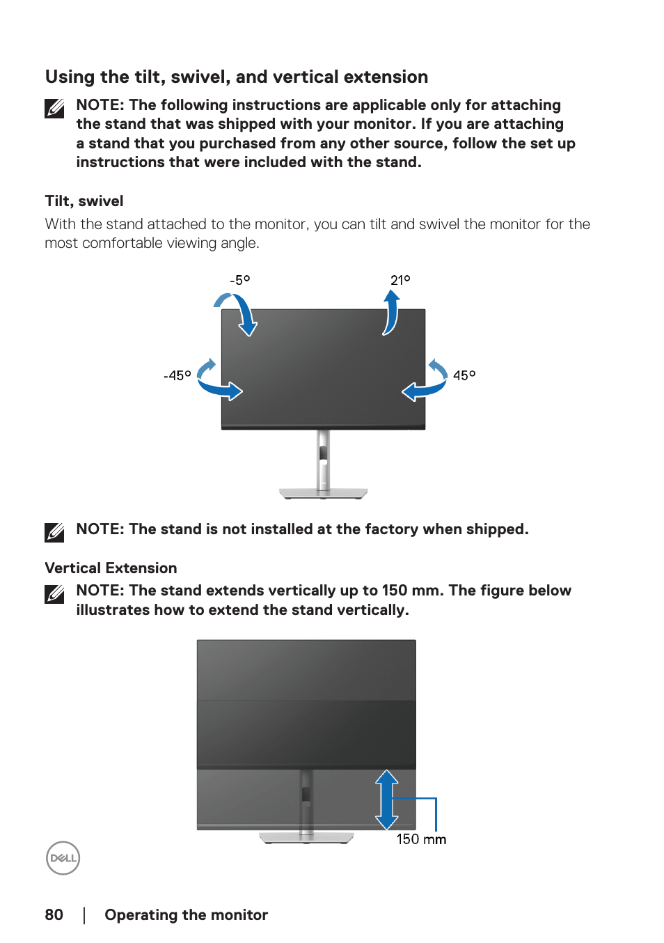 Using the tilt, swivel, and vertical extension, Tilt, swivel, Vertical extension | Dell P2723DE 27" 1440p USB Type-C Hub Monitor User Manual | Page 80 / 94