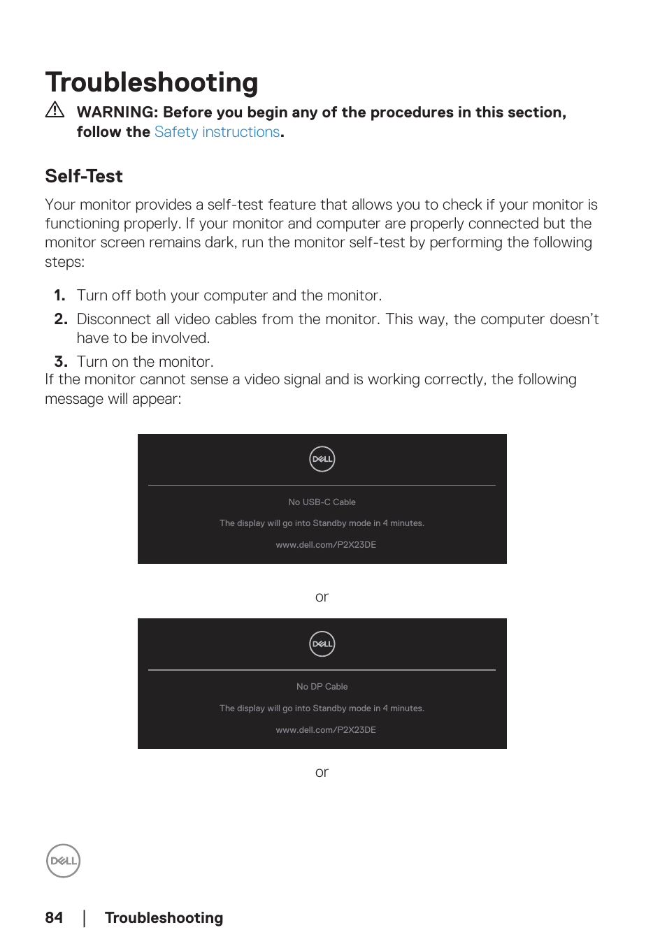 Troubleshooting, Self-test | Dell P2723DE 27" 1440p USB Type-C Hub Monitor User Manual | Page 84 / 94