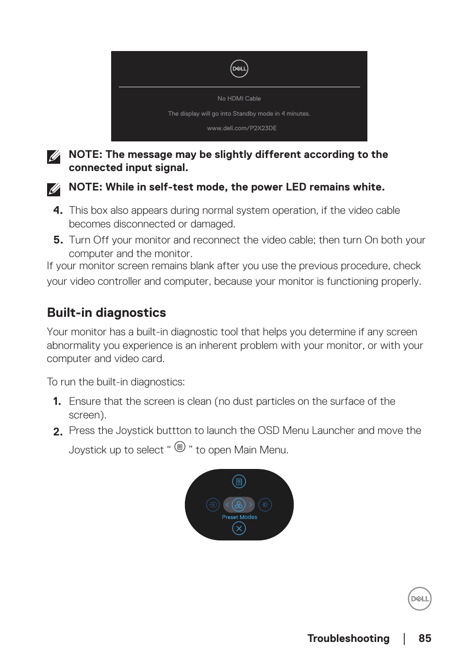 Built-in diagnostics | Dell P2723DE 27" 1440p USB Type-C Hub Monitor User Manual | Page 85 / 94