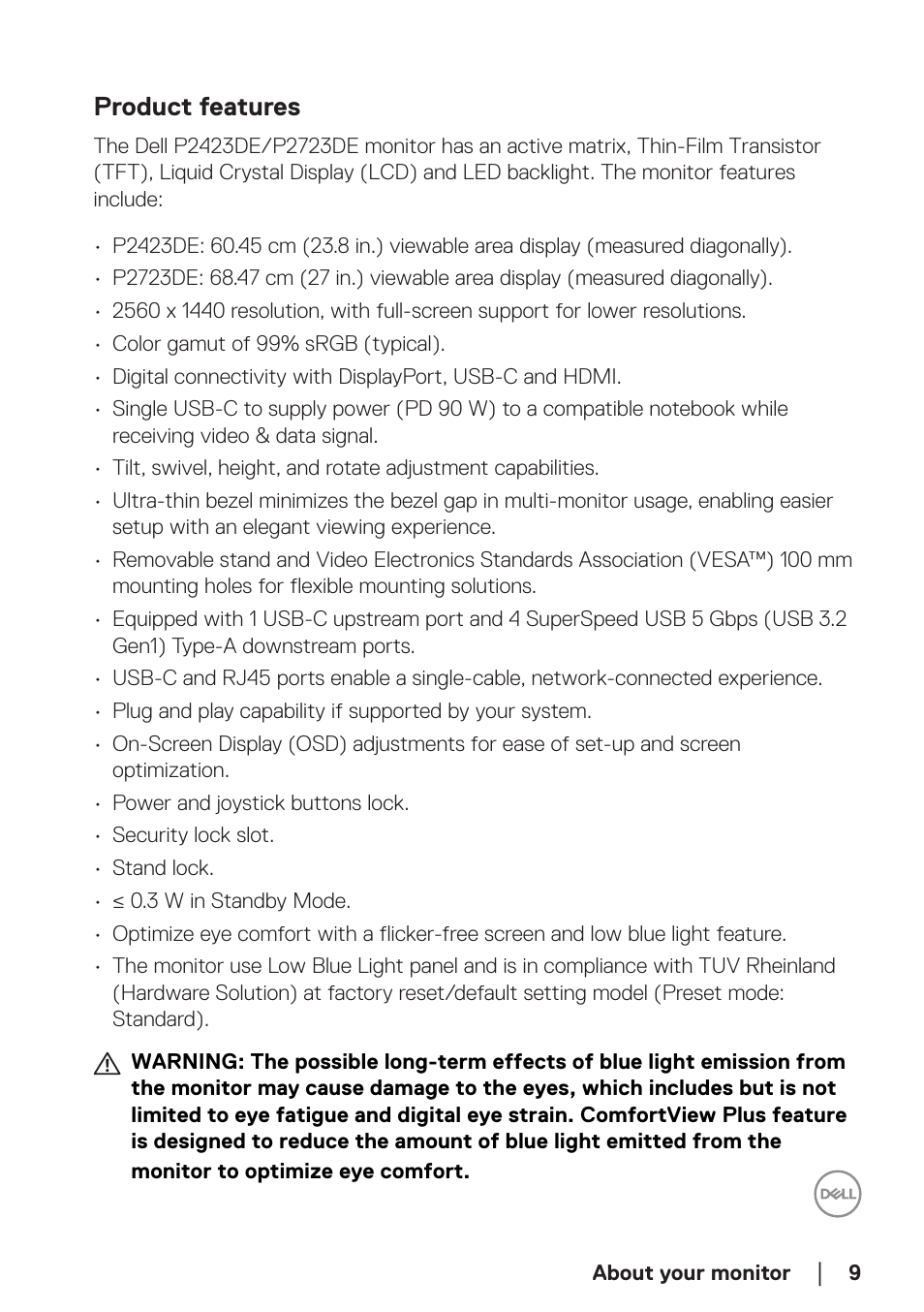 Product features | Dell P2723DE 27" 1440p USB Type-C Hub Monitor User Manual | Page 9 / 94