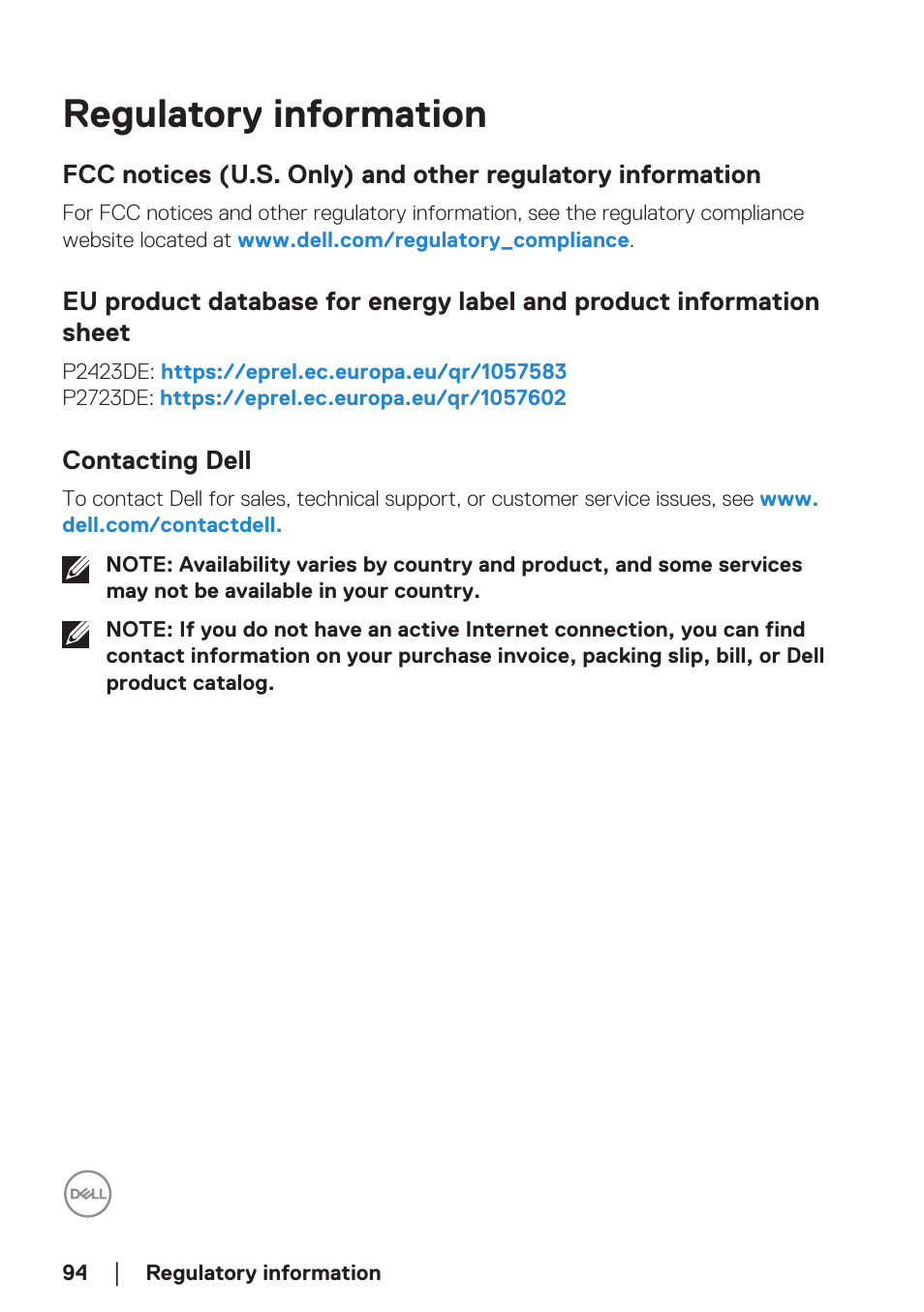 Regulatory information, Contacting dell | Dell P2723DE 27" 1440p USB Type-C Hub Monitor User Manual | Page 94 / 94