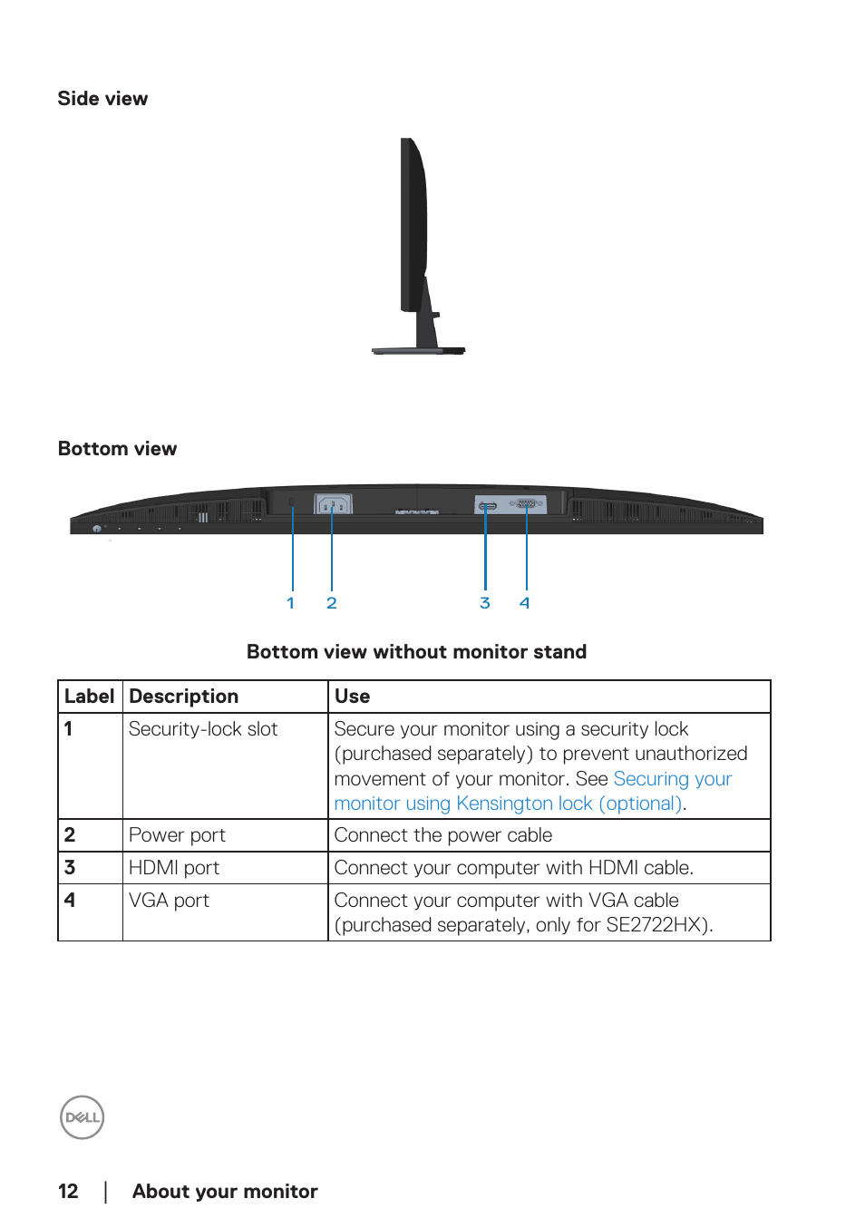 Side view, Bottom view | Dell SE2722H 27" 16:9 LCD Monitor User Manual | Page 12 / 63