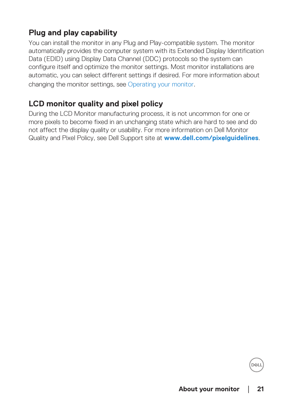 Plug and play capability, Lcd monitor quality and pixel policy | Dell SE2722H 27" 16:9 LCD Monitor User Manual | Page 21 / 63