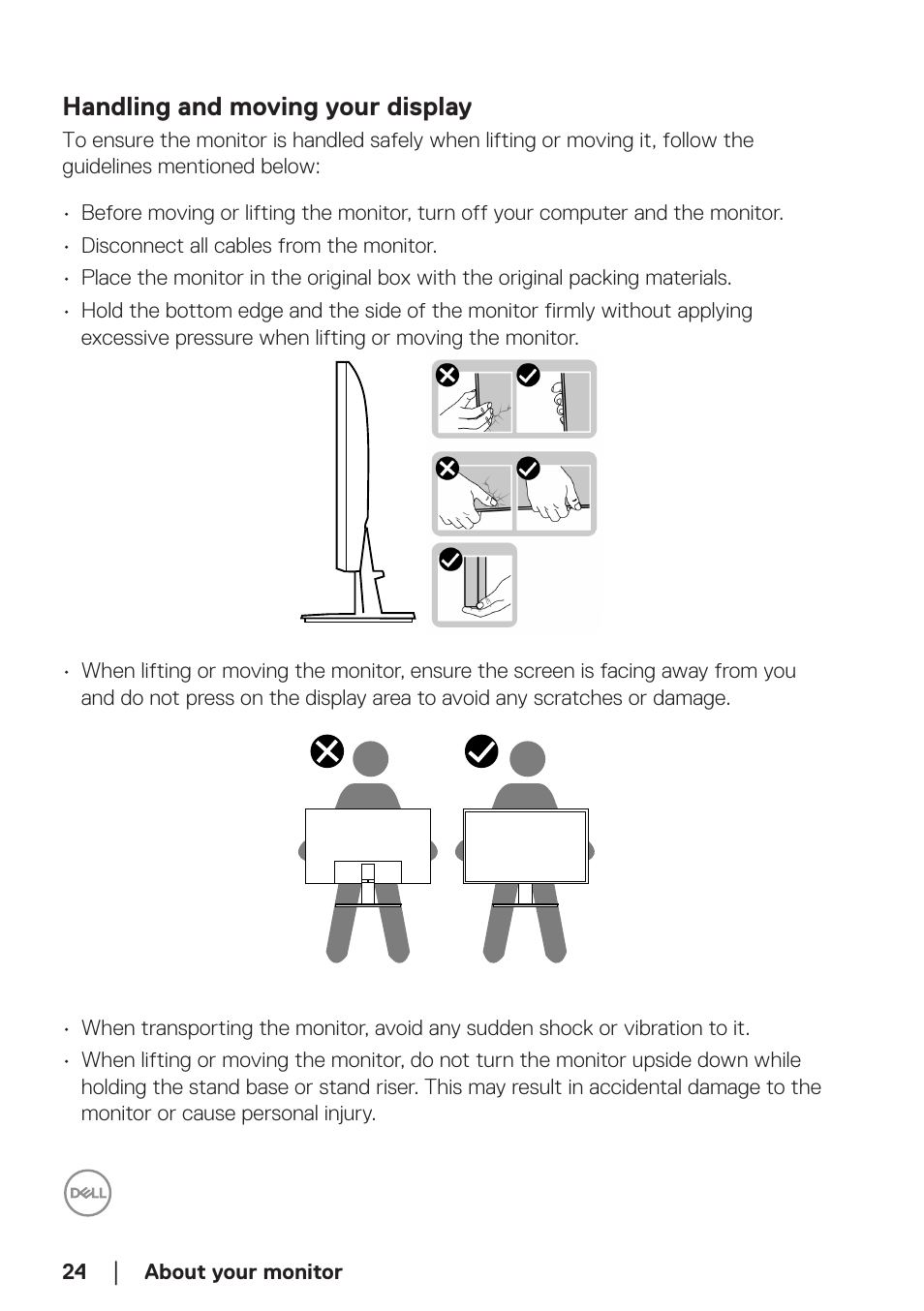 Handling and moving your display | Dell SE2722H 27" 16:9 LCD Monitor User Manual | Page 24 / 63