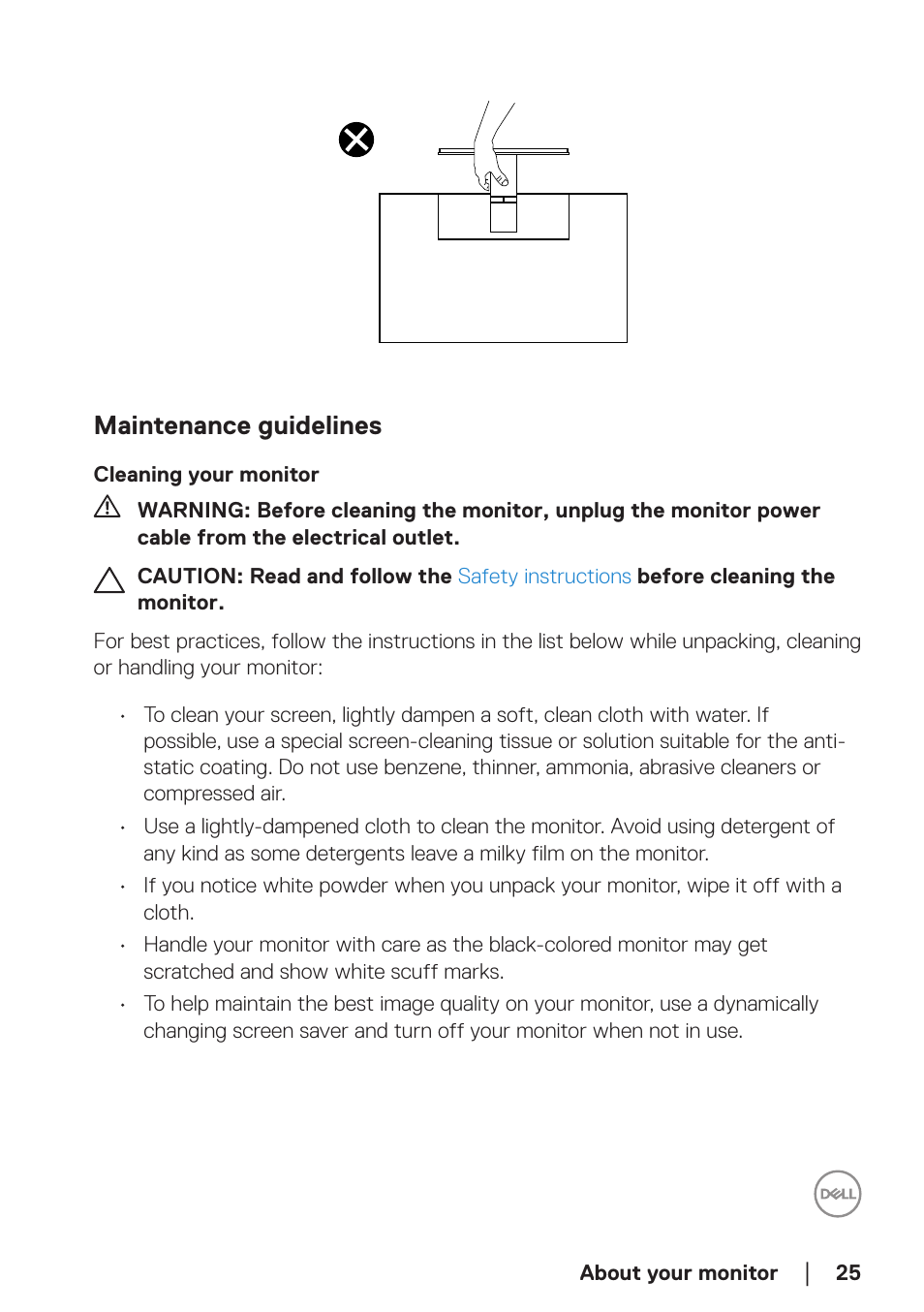 Maintenance guidelines, Cleaning your monitor | Dell SE2722H 27" 16:9 LCD Monitor User Manual | Page 25 / 63