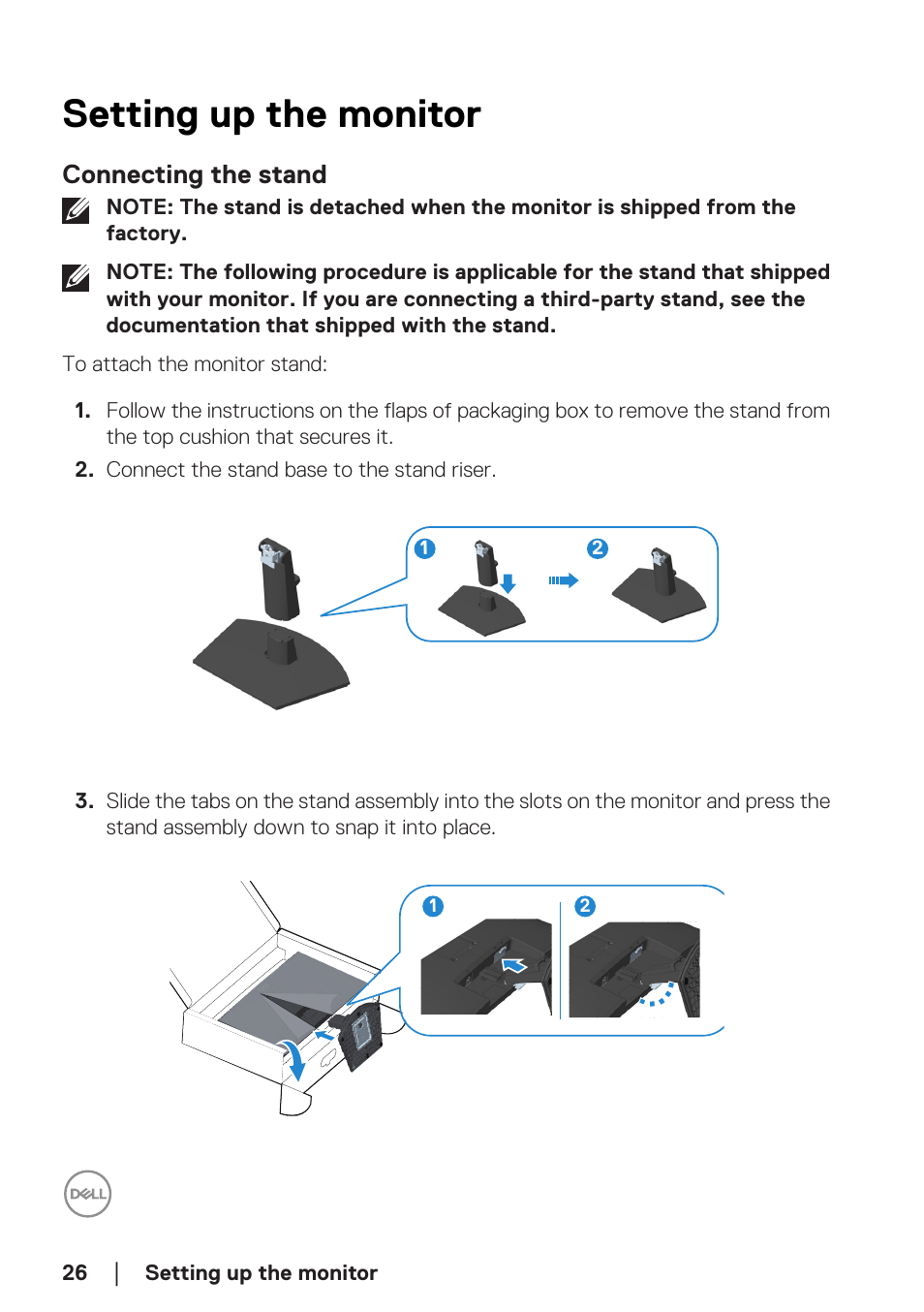 Setting up the monitor, Connecting the stand | Dell SE2722H 27" 16:9 LCD Monitor User Manual | Page 26 / 63