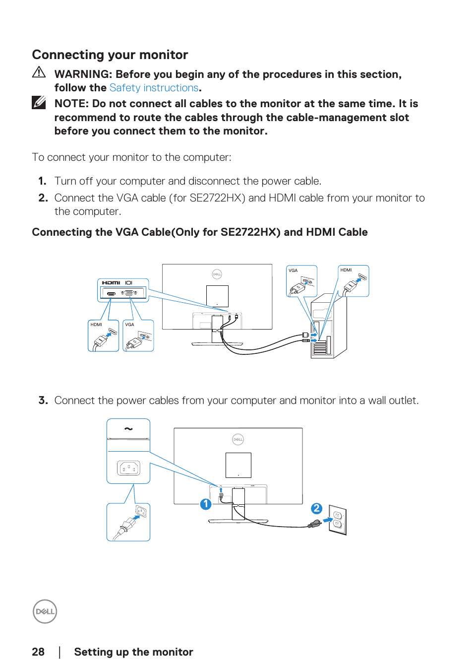 Connecting your monitor, Setting up the monitor | Dell SE2722H 27" 16:9 LCD Monitor User Manual | Page 28 / 63