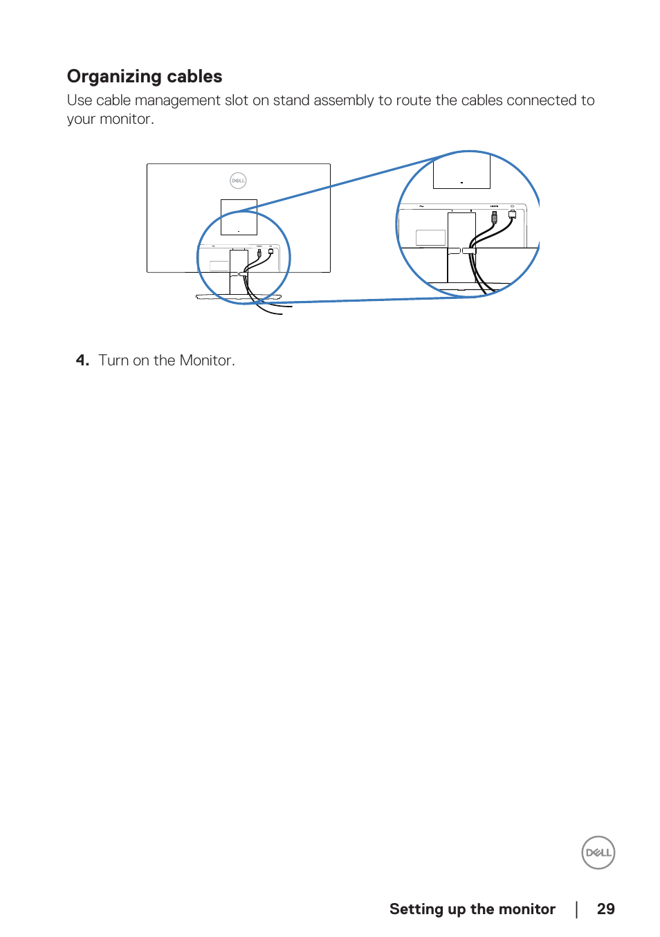 Organizing cables, Setting up the monitor, Turn on the monitor | Dell SE2722H 27" 16:9 LCD Monitor User Manual | Page 29 / 63