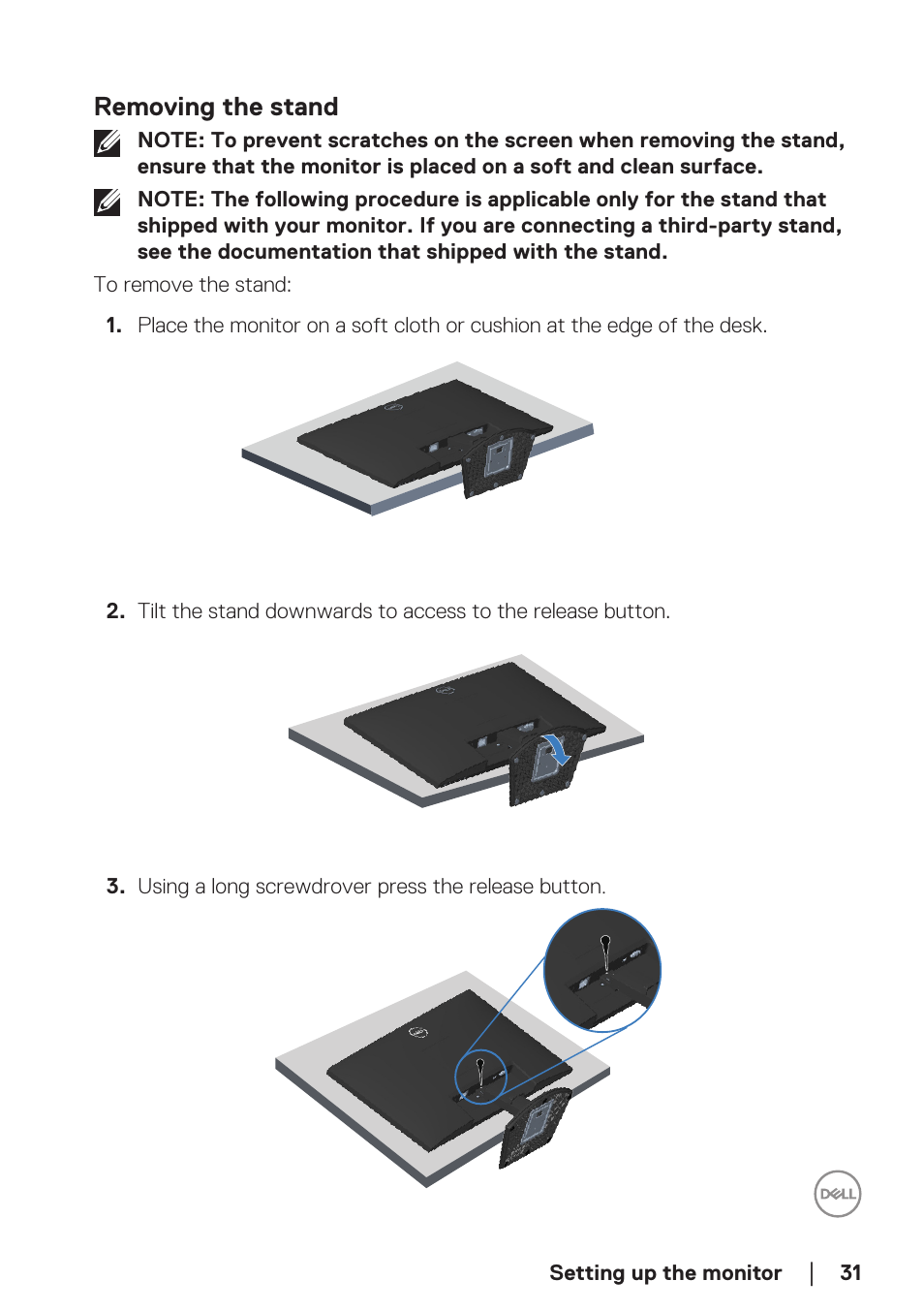 Removing the stand | Dell SE2722H 27" 16:9 LCD Monitor User Manual | Page 31 / 63