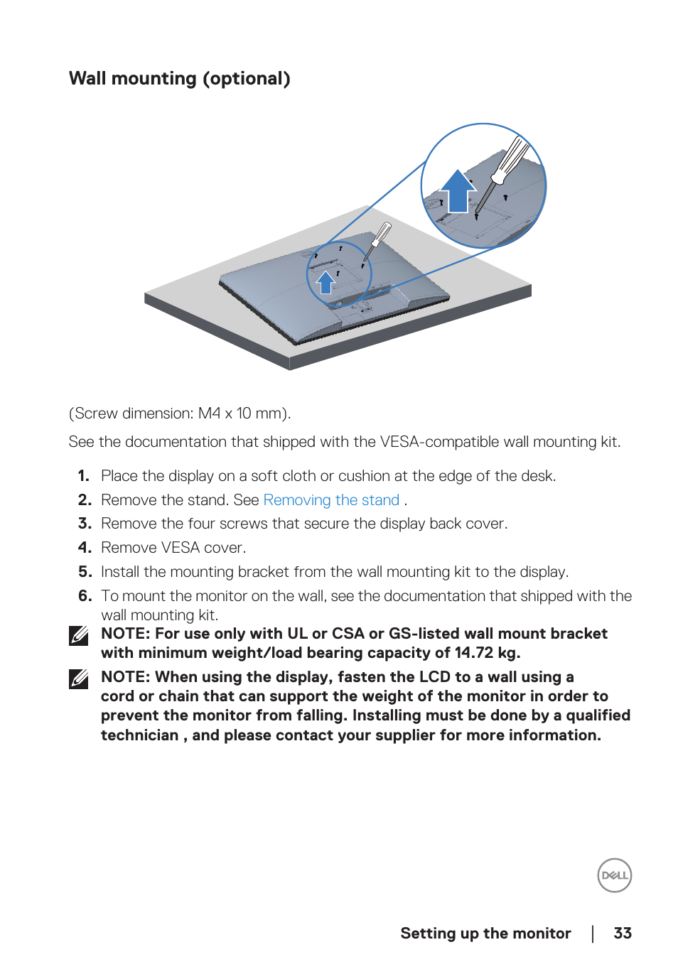 Wall mounting (optional) | Dell SE2722H 27" 16:9 LCD Monitor User Manual | Page 33 / 63