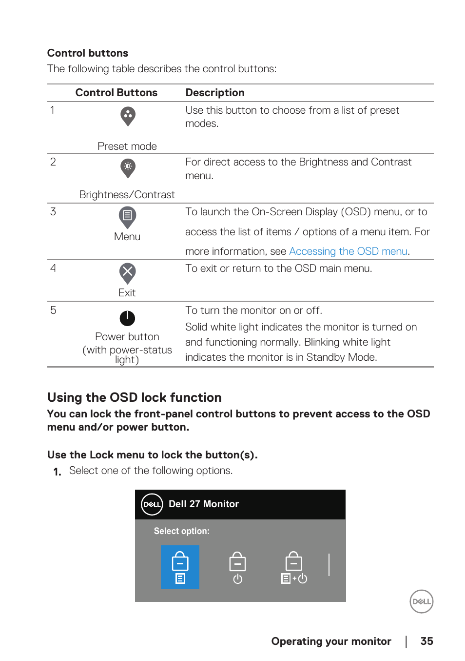 Control buttons, Using the osd lock function, Use the lock menu to lock the button(s) | Dell SE2722H 27" 16:9 LCD Monitor User Manual | Page 35 / 63