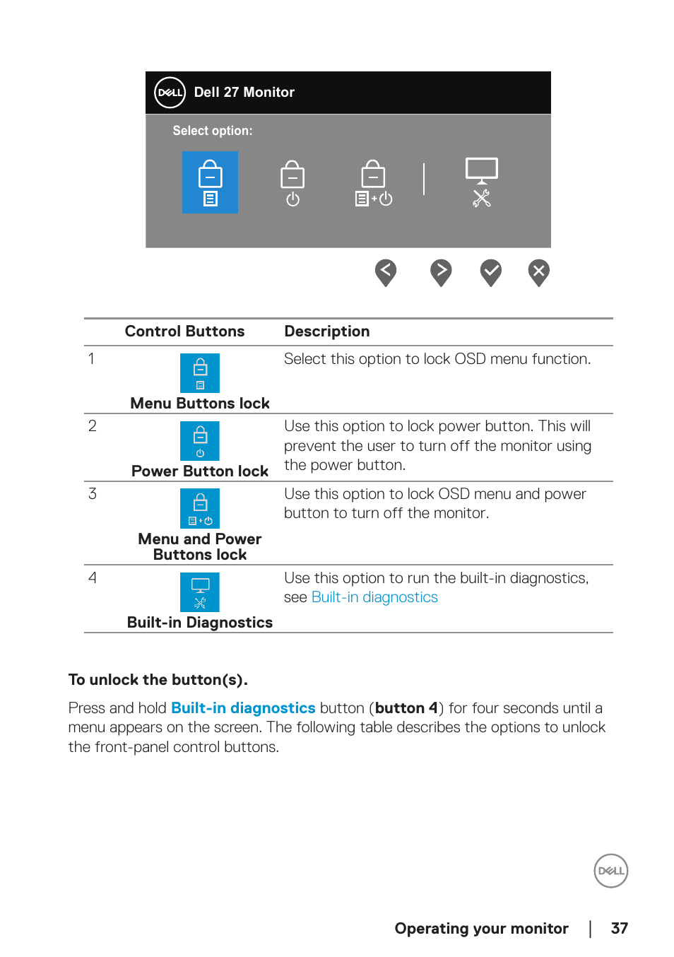 To unlock the button(s) | Dell SE2722H 27" 16:9 LCD Monitor User Manual | Page 37 / 63