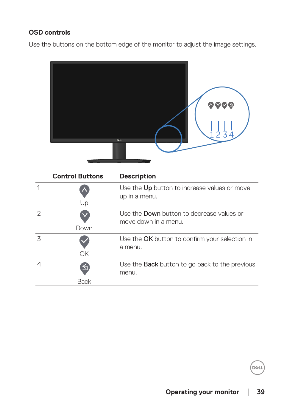 Osd controls | Dell SE2722H 27" 16:9 LCD Monitor User Manual | Page 39 / 63