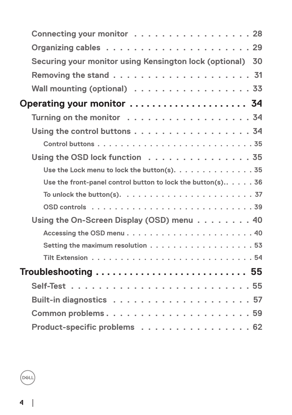 Operating your monitor, Troubleshooting | Dell SE2722H 27" 16:9 LCD Monitor User Manual | Page 4 / 63