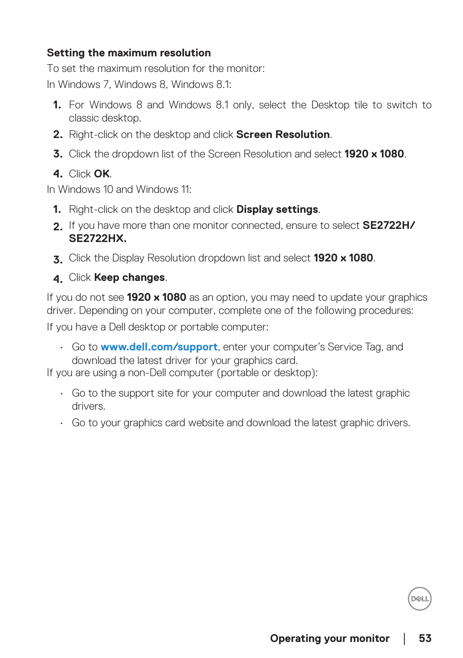 Setting the maximum resolution | Dell SE2722H 27" 16:9 LCD Monitor User Manual | Page 53 / 63
