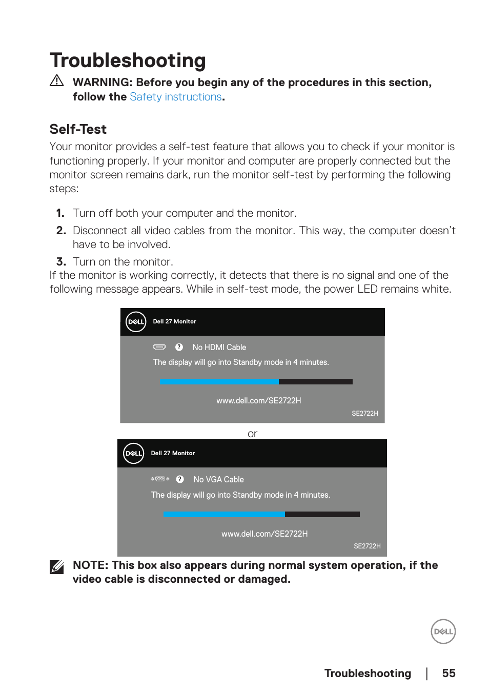 Troubleshooting, Self-test | Dell SE2722H 27" 16:9 LCD Monitor User Manual | Page 55 / 63