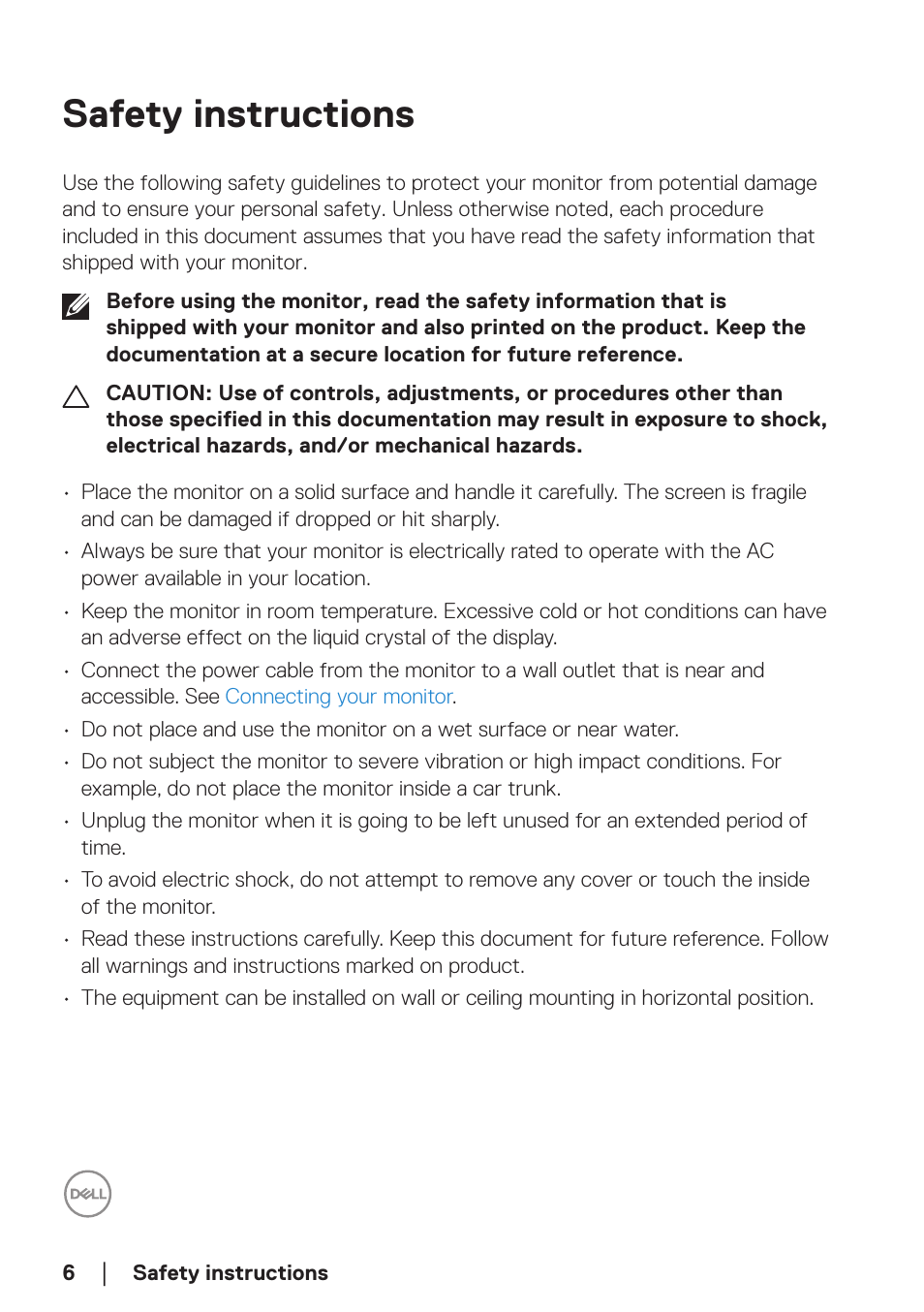 Safety instructions | Dell SE2722H 27" 16:9 LCD Monitor User Manual | Page 6 / 63