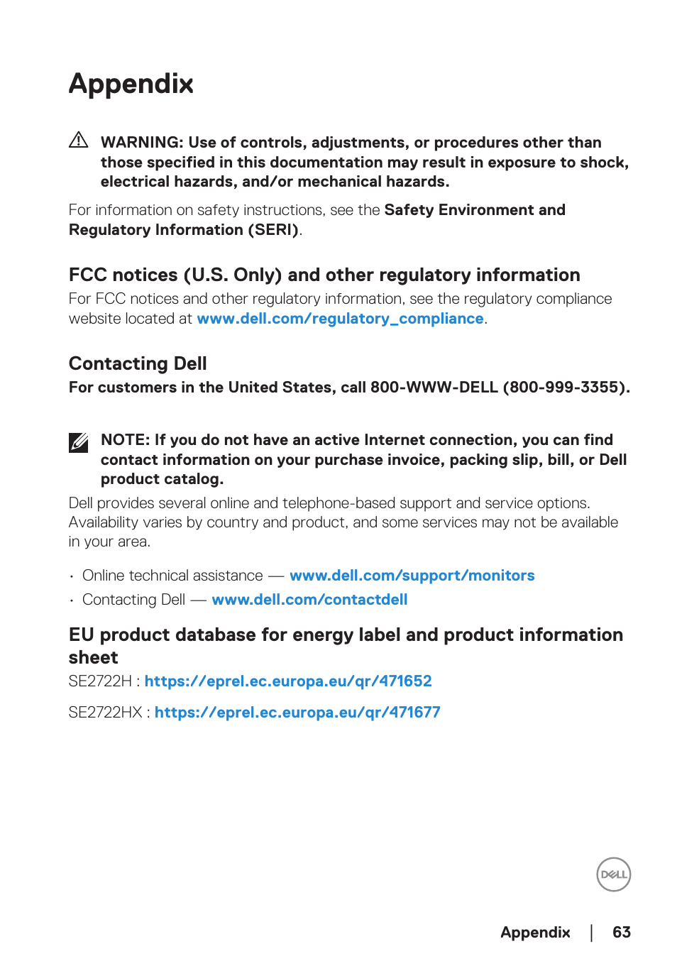 Appendix, Contacting dell | Dell SE2722H 27" 16:9 LCD Monitor User Manual | Page 63 / 63