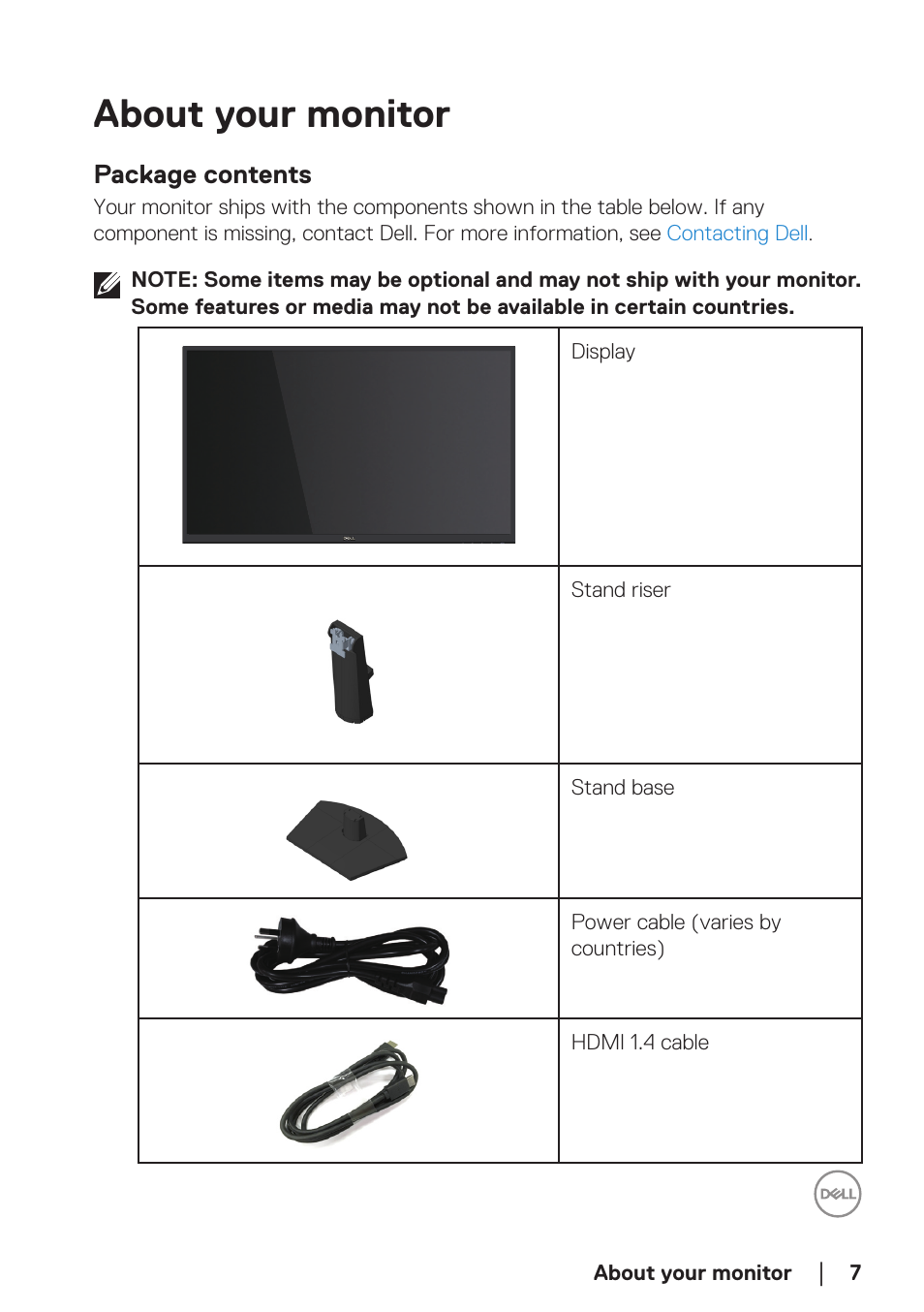About your monitor, Package contents | Dell SE2722H 27" 16:9 LCD Monitor User Manual | Page 7 / 63
