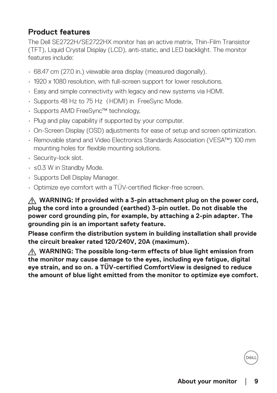 Product features | Dell SE2722H 27" 16:9 LCD Monitor User Manual | Page 9 / 63