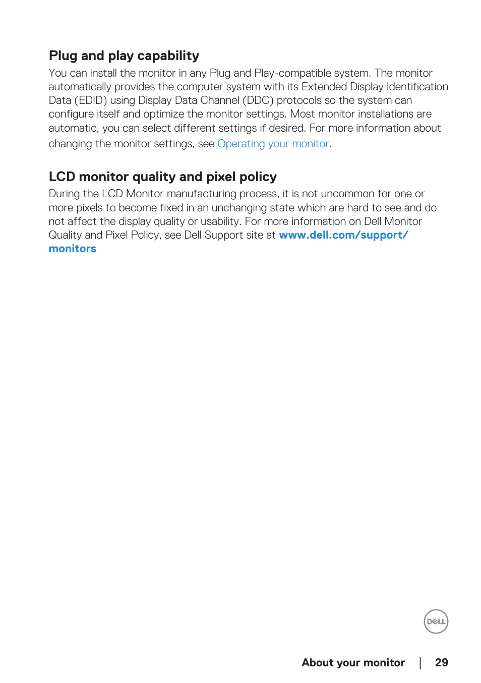 Plug and play capability, Lcd monitor quality and pixel policy | Dell 34 S3422DWG 34" 21:9 Curved FreeSync WQHD 144 Hz HDR VA Gaming Monitor User Manual | Page 29 / 70