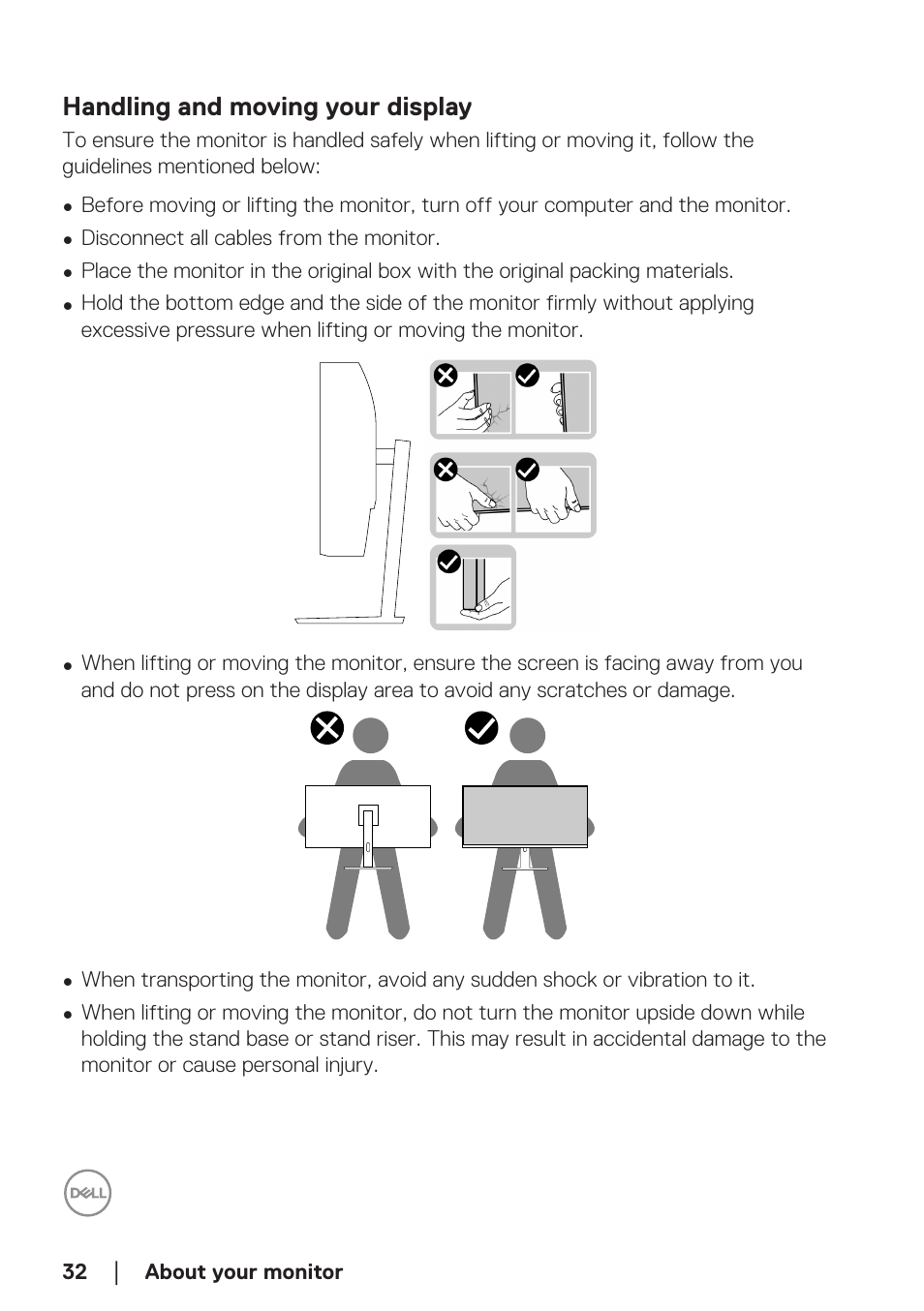 Handling and moving your display | Dell 34 S3422DWG 34" 21:9 Curved FreeSync WQHD 144 Hz HDR VA Gaming Monitor User Manual | Page 32 / 70