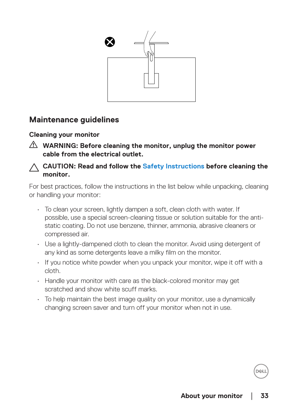 Maintenance guidelines, Cleaning your monitor | Dell 34 S3422DWG 34" 21:9 Curved FreeSync WQHD 144 Hz HDR VA Gaming Monitor User Manual | Page 33 / 70