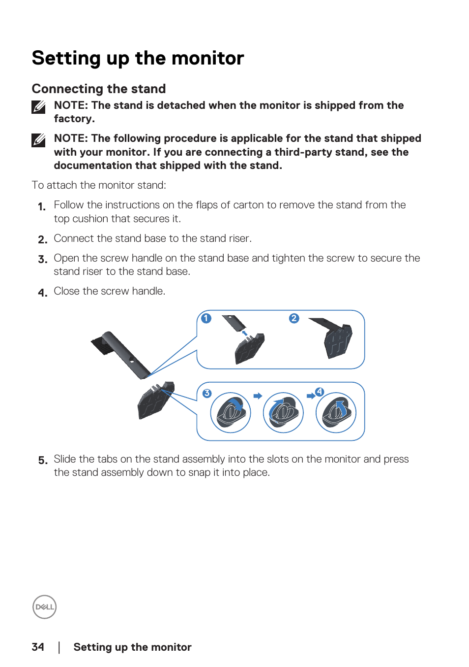 Setting up the monitor, Connecting the stand | Dell 34 S3422DWG 34" 21:9 Curved FreeSync WQHD 144 Hz HDR VA Gaming Monitor User Manual | Page 34 / 70