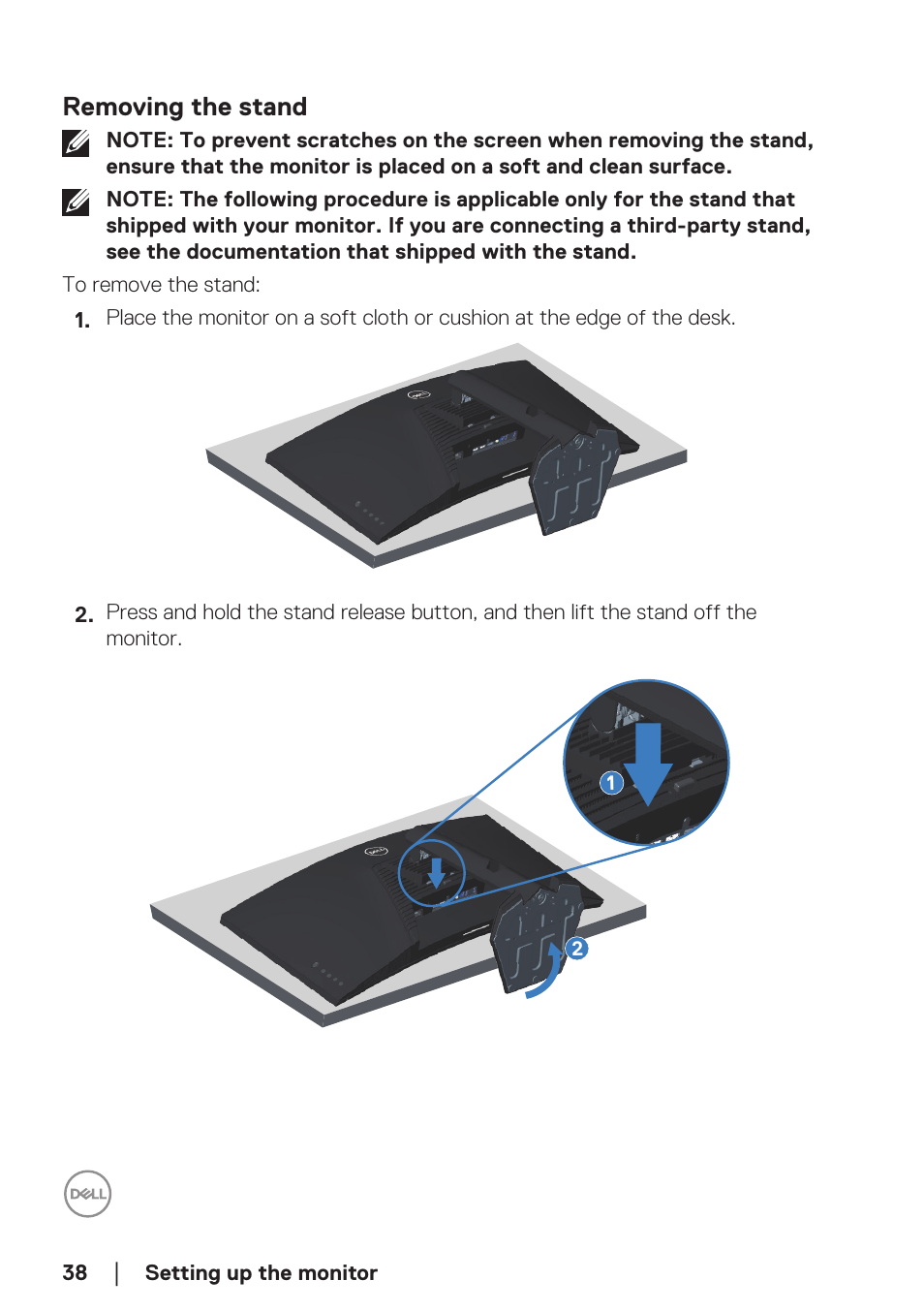 Removing the stand | Dell 34 S3422DWG 34" 21:9 Curved FreeSync WQHD 144 Hz HDR VA Gaming Monitor User Manual | Page 38 / 70