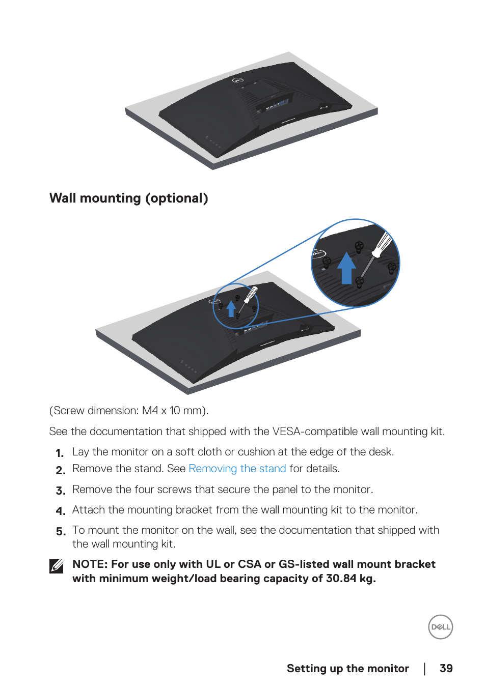 Wall mounting (optional) | Dell 34 S3422DWG 34" 21:9 Curved FreeSync WQHD 144 Hz HDR VA Gaming Monitor User Manual | Page 39 / 70