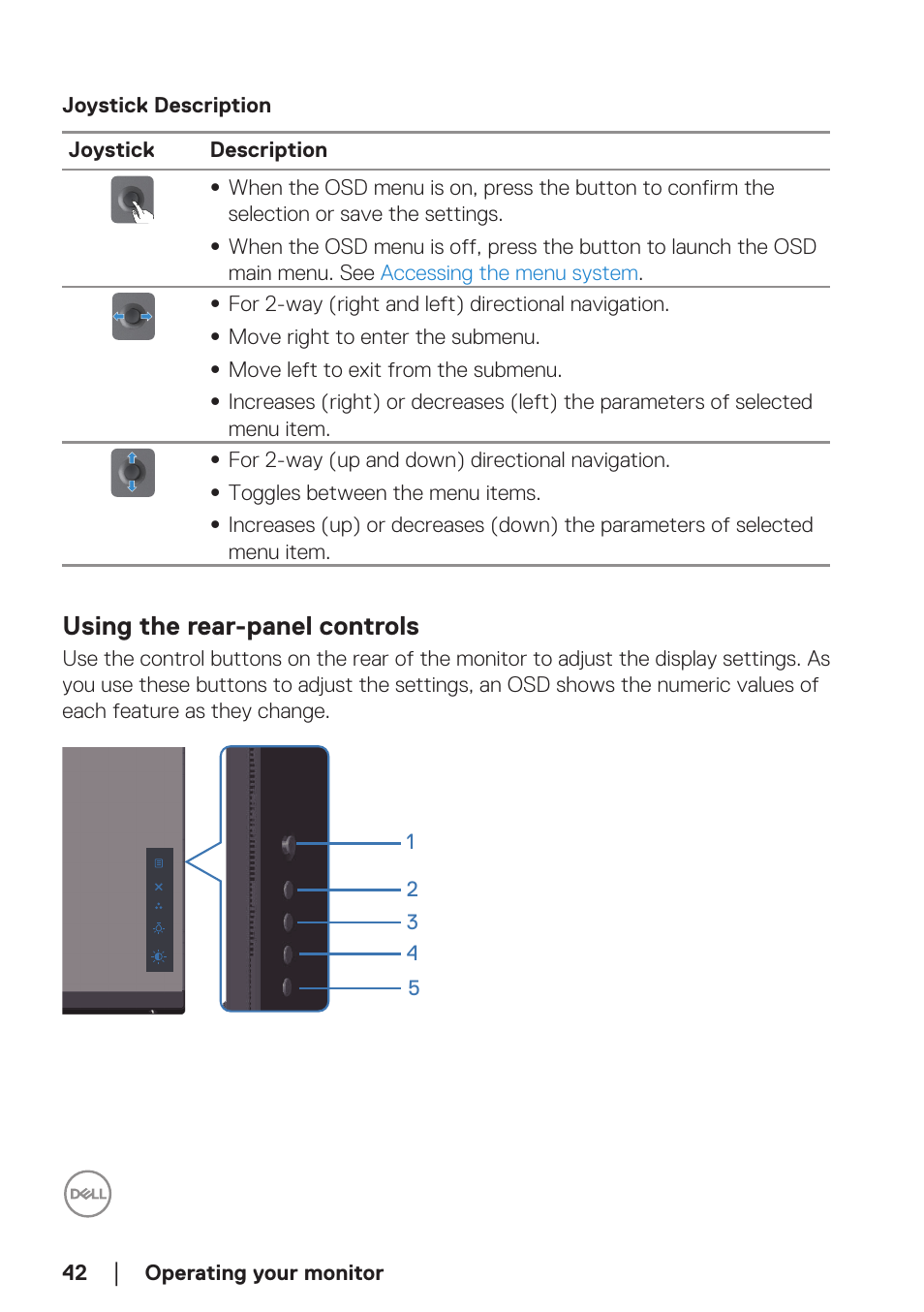 Joystick description, Using the rear-panel controls | Dell 34 S3422DWG 34" 21:9 Curved FreeSync WQHD 144 Hz HDR VA Gaming Monitor User Manual | Page 42 / 70