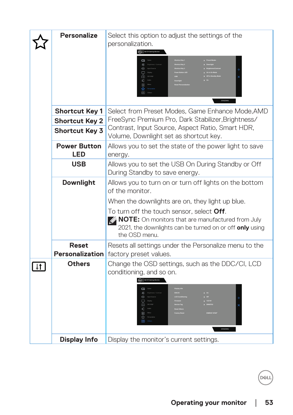 Downlight, Operating your monitor | Dell 34 S3422DWG 34" 21:9 Curved FreeSync WQHD 144 Hz HDR VA Gaming Monitor User Manual | Page 53 / 70