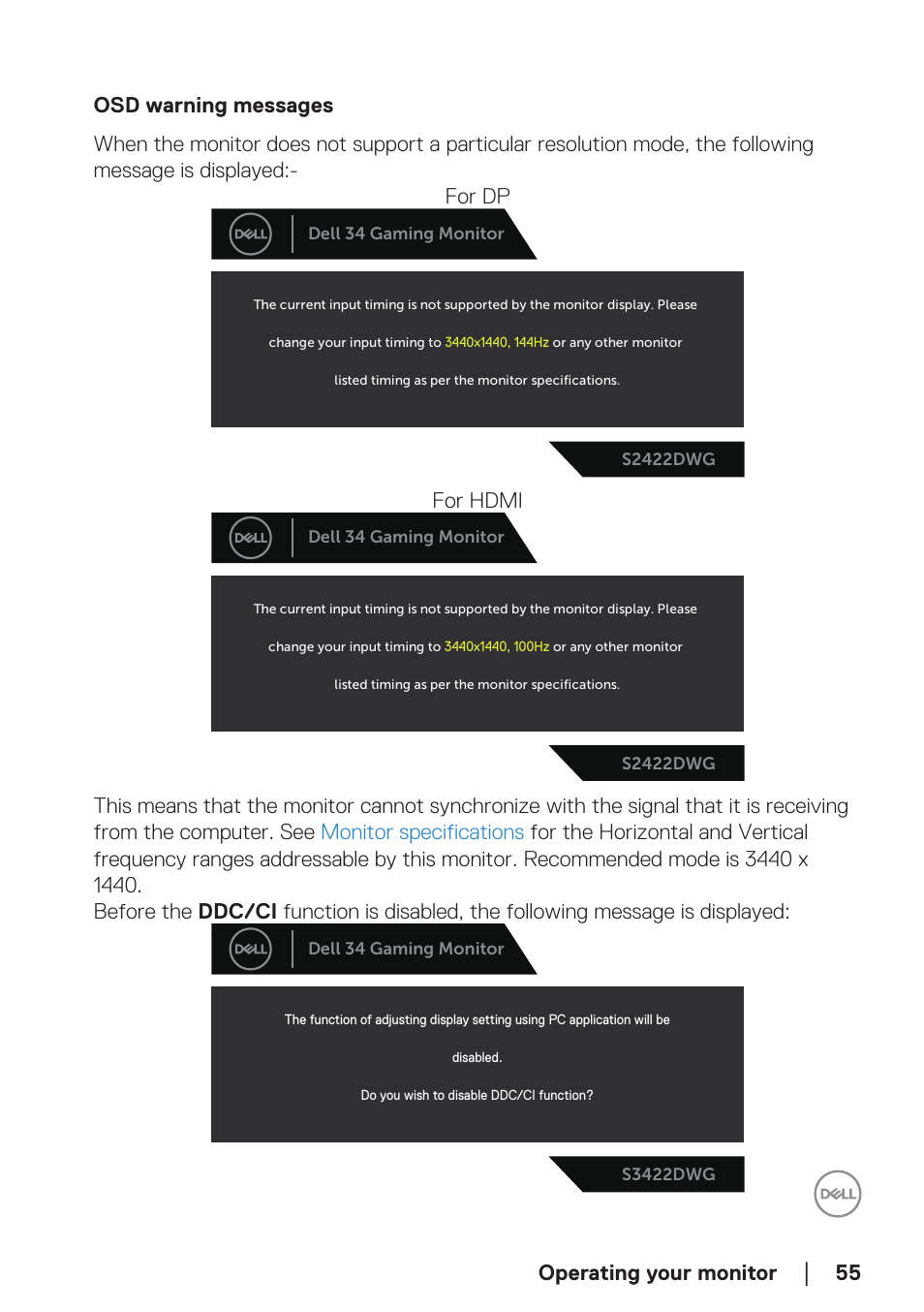 Osd warning messages, Operating your monitor, For hdmi | Dell 34 S3422DWG 34" 21:9 Curved FreeSync WQHD 144 Hz HDR VA Gaming Monitor User Manual | Page 55 / 70