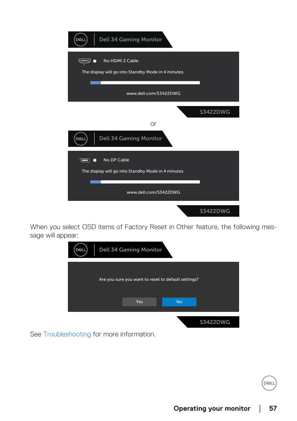 Operating your monitor, See troubleshooting for more information | Dell 34 S3422DWG 34" 21:9 Curved FreeSync WQHD 144 Hz HDR VA Gaming Monitor User Manual | Page 57 / 70