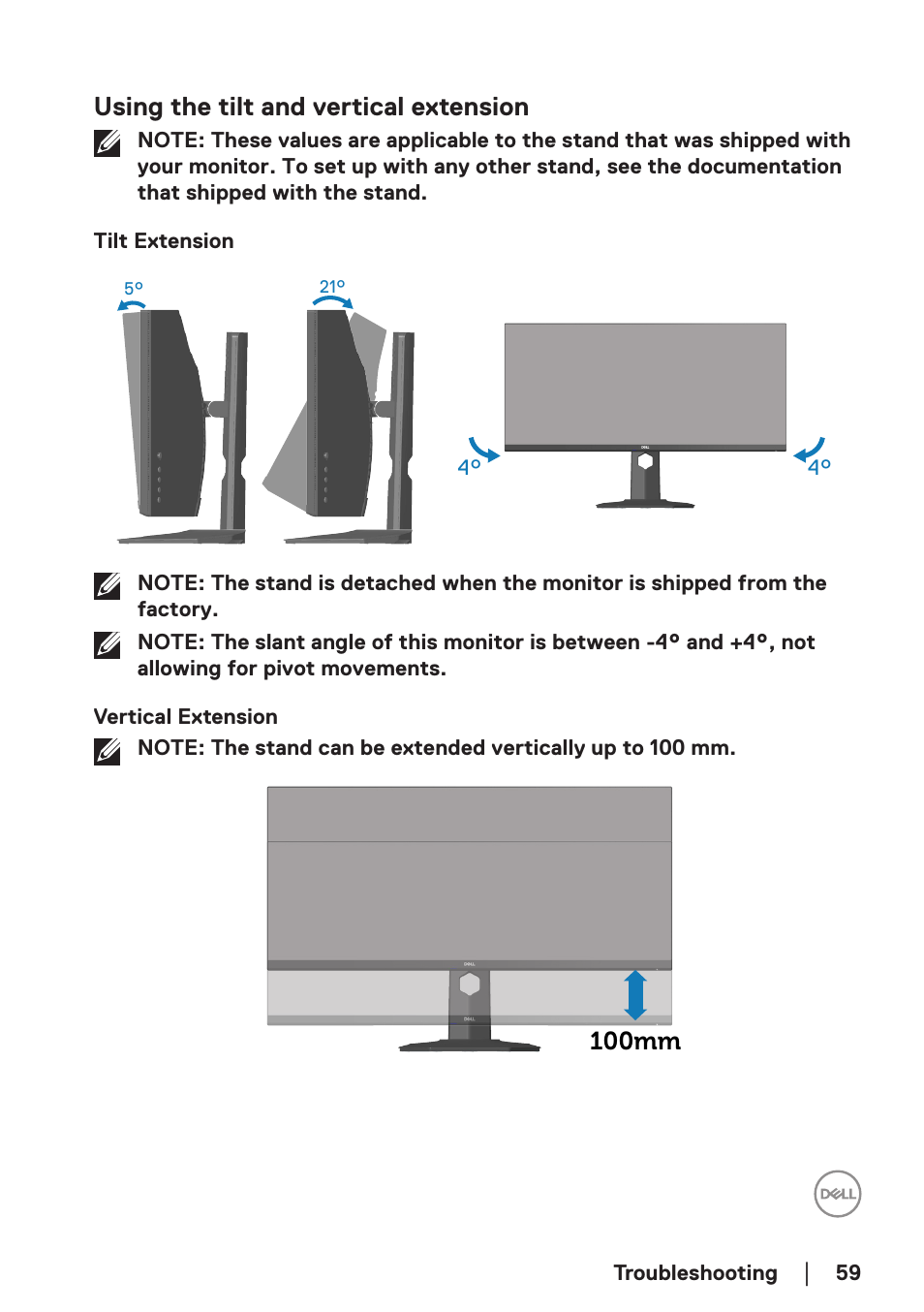 Using the tilt and vertical extension, Tilt extension, Vertical extension | Dell 34 S3422DWG 34" 21:9 Curved FreeSync WQHD 144 Hz HDR VA Gaming Monitor User Manual | Page 59 / 70