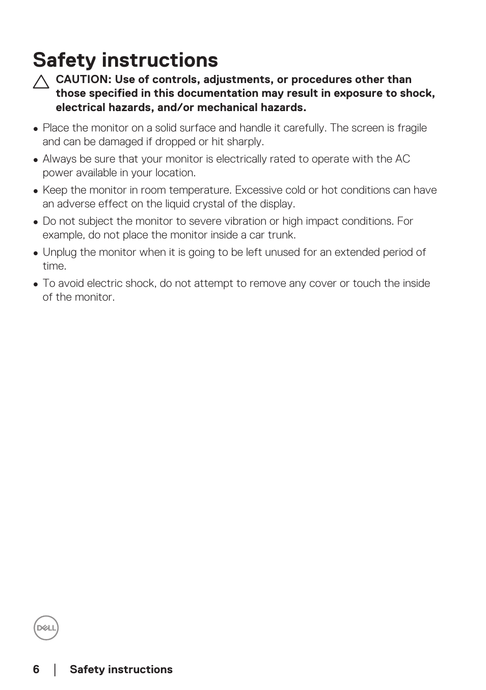 Safety instructions | Dell 34 S3422DWG 34" 21:9 Curved FreeSync WQHD 144 Hz HDR VA Gaming Monitor User Manual | Page 6 / 70