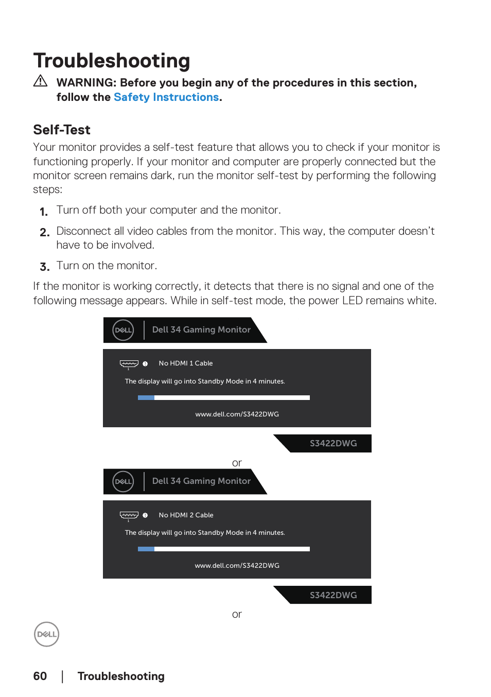 Troubleshooting, Self-test | Dell 34 S3422DWG 34" 21:9 Curved FreeSync WQHD 144 Hz HDR VA Gaming Monitor User Manual | Page 60 / 70