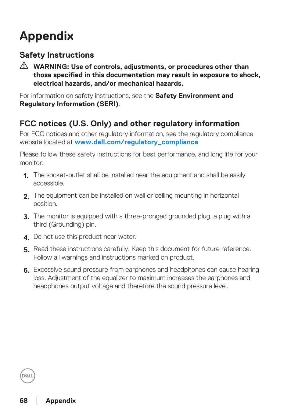 Appendix, Safety instructions, Follow the | Dell 34 S3422DWG 34" 21:9 Curved FreeSync WQHD 144 Hz HDR VA Gaming Monitor User Manual | Page 68 / 70
