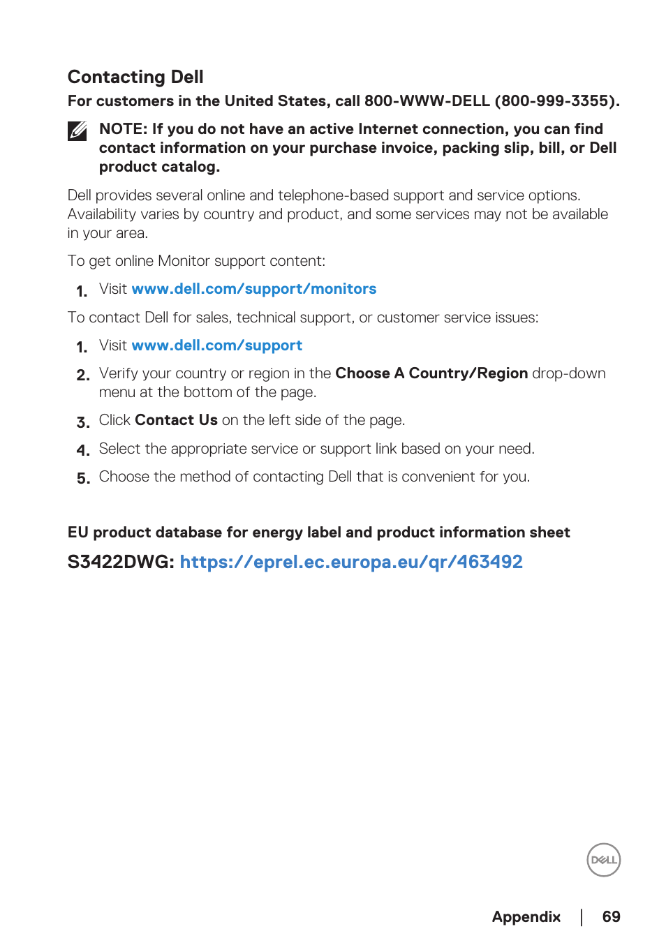 Contacting dell | Dell 34 S3422DWG 34" 21:9 Curved FreeSync WQHD 144 Hz HDR VA Gaming Monitor User Manual | Page 69 / 70