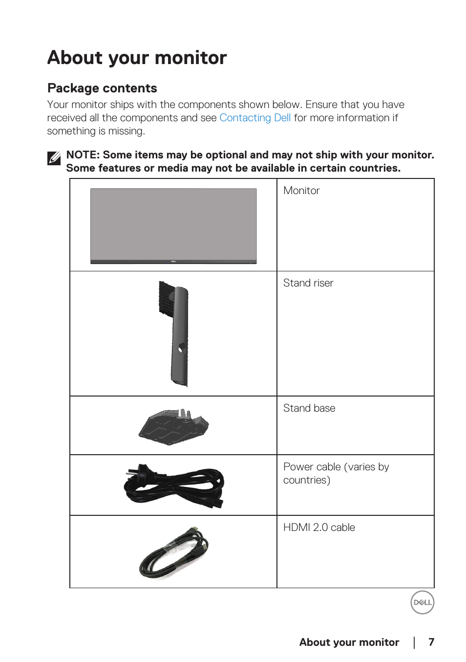 About your monitor, Package contents | Dell 34 S3422DWG 34" 21:9 Curved FreeSync WQHD 144 Hz HDR VA Gaming Monitor User Manual | Page 7 / 70