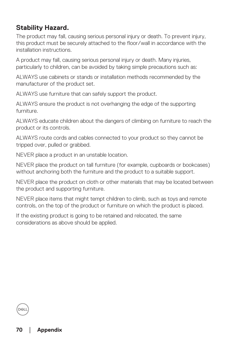 Stability hazard | Dell 34 S3422DWG 34" 21:9 Curved FreeSync WQHD 144 Hz HDR VA Gaming Monitor User Manual | Page 70 / 70