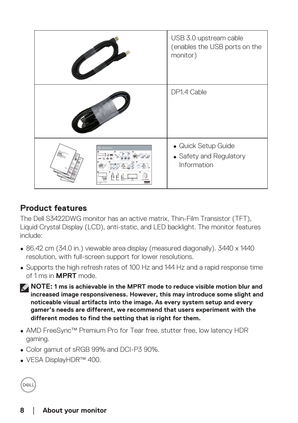 Product features | Dell 34 S3422DWG 34" 21:9 Curved FreeSync WQHD 144 Hz HDR VA Gaming Monitor User Manual | Page 8 / 70