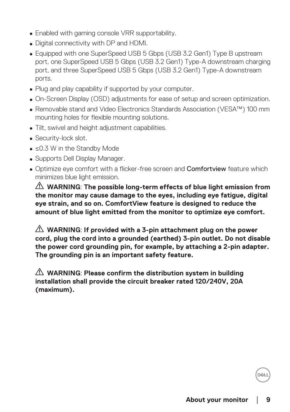 Dell 34 S3422DWG 34" 21:9 Curved FreeSync WQHD 144 Hz HDR VA Gaming Monitor User Manual | Page 9 / 70