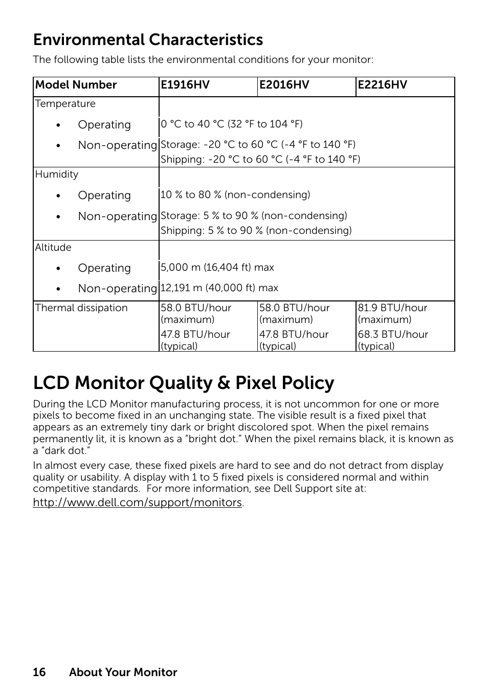 Lcd monitor quality & pixel policy, Environmental characteristics | Dell E1916HV 19" 16:9 LCD Monitor User Manual | Page 16 / 72