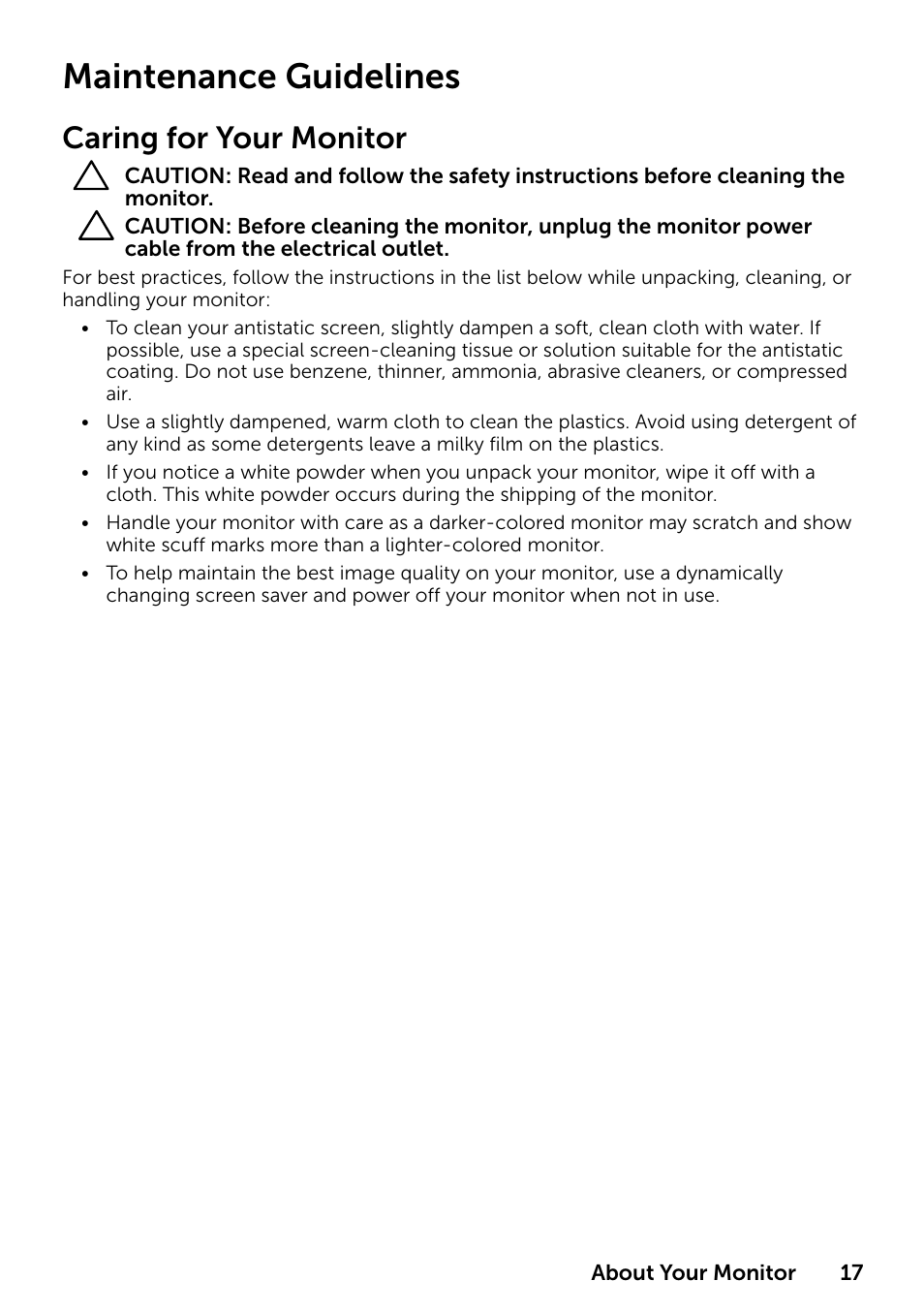 Maintenance guidelines, Caring for your monitor | Dell E1916HV 19" 16:9 LCD Monitor User Manual | Page 17 / 72