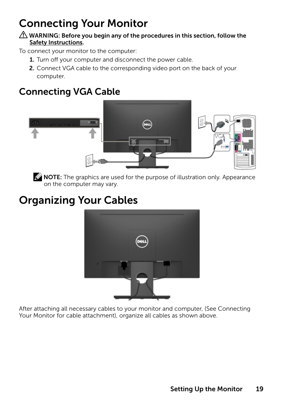 Connecting your monitor, Organizing your cables, Connecting vga cable | Dell E1916HV 19" 16:9 LCD Monitor User Manual | Page 19 / 72