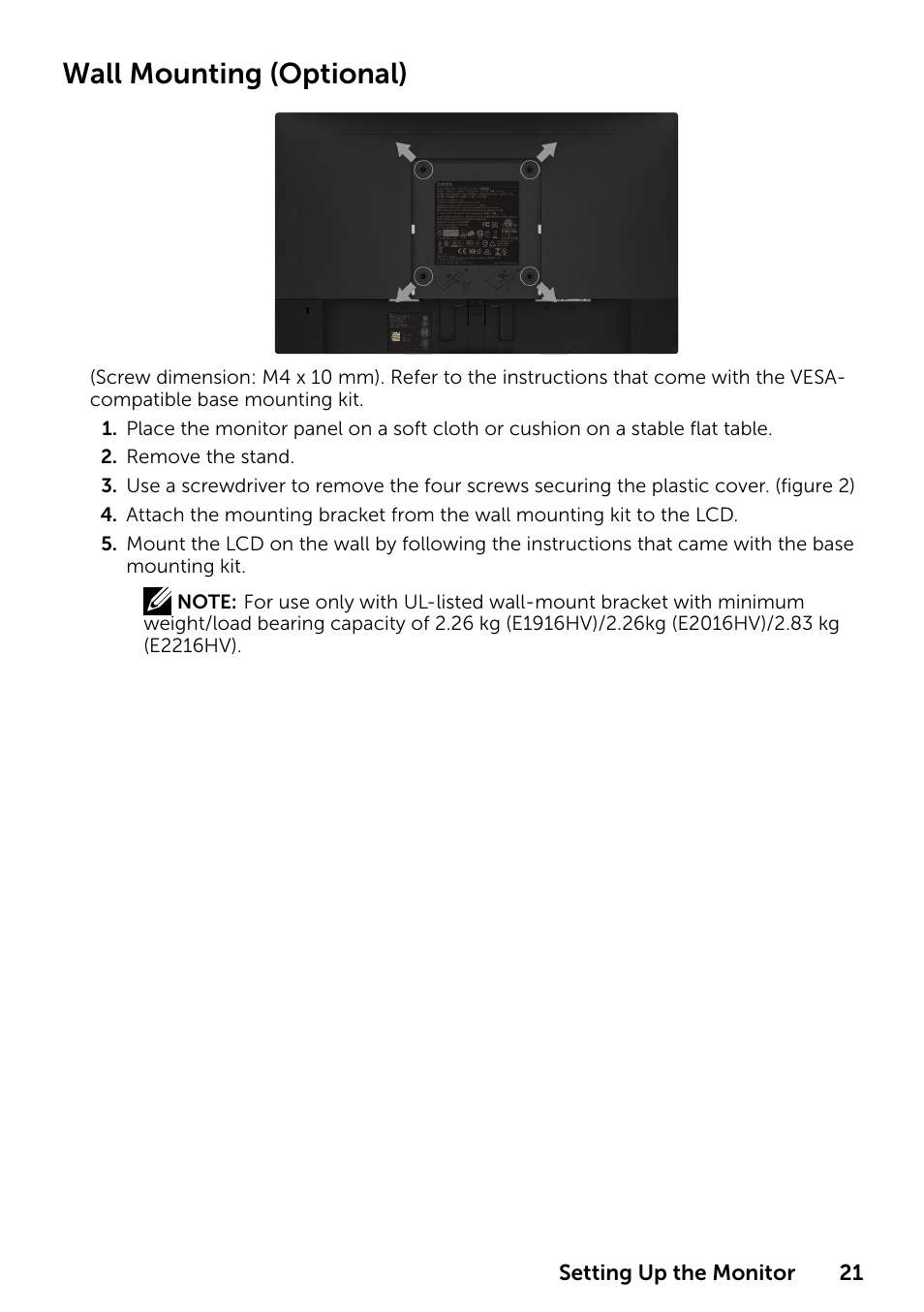 Wall mounting (optional) | Dell E1916HV 19" 16:9 LCD Monitor User Manual | Page 21 / 72