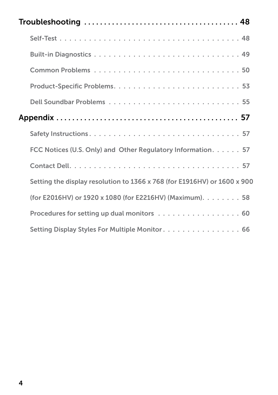 Troubleshooting, Appendix | Dell E1916HV 19" 16:9 LCD Monitor User Manual | Page 4 / 72