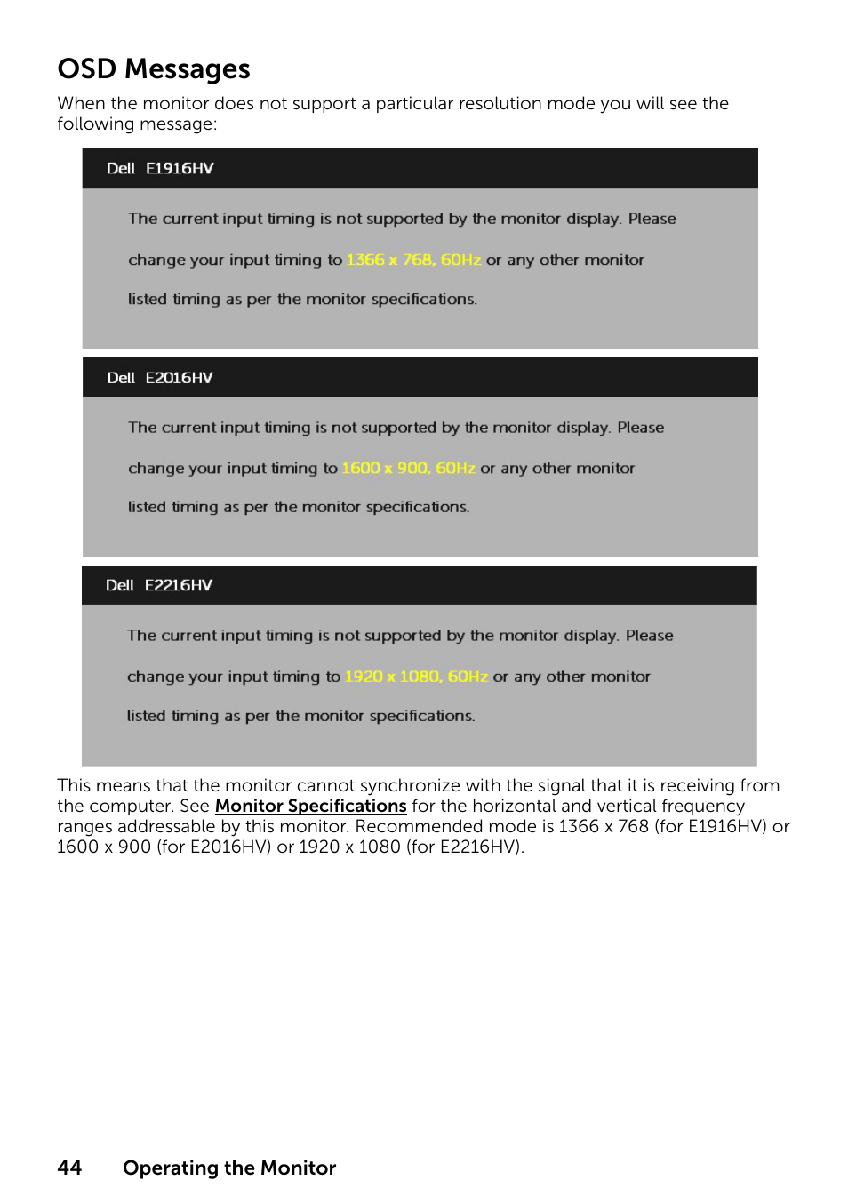Osd messages | Dell E1916HV 19" 16:9 LCD Monitor User Manual | Page 44 / 72